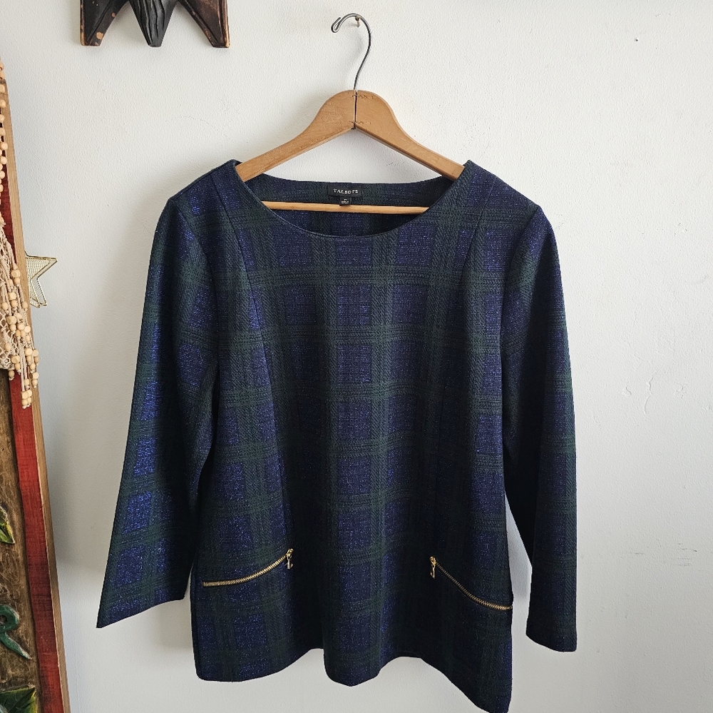 NWOT Talbots Preppy Old Money Plaid Long Sleeve Top with Zipper Pockets - Picture 1 of 9